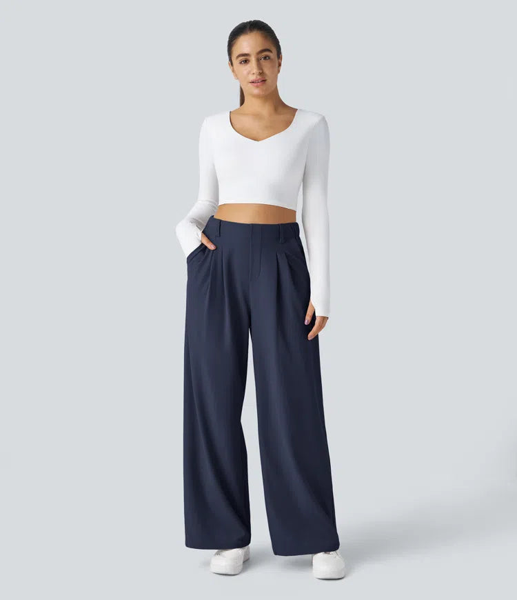 High Waisted Side Pocket Wide Leg Waffle Work Pants