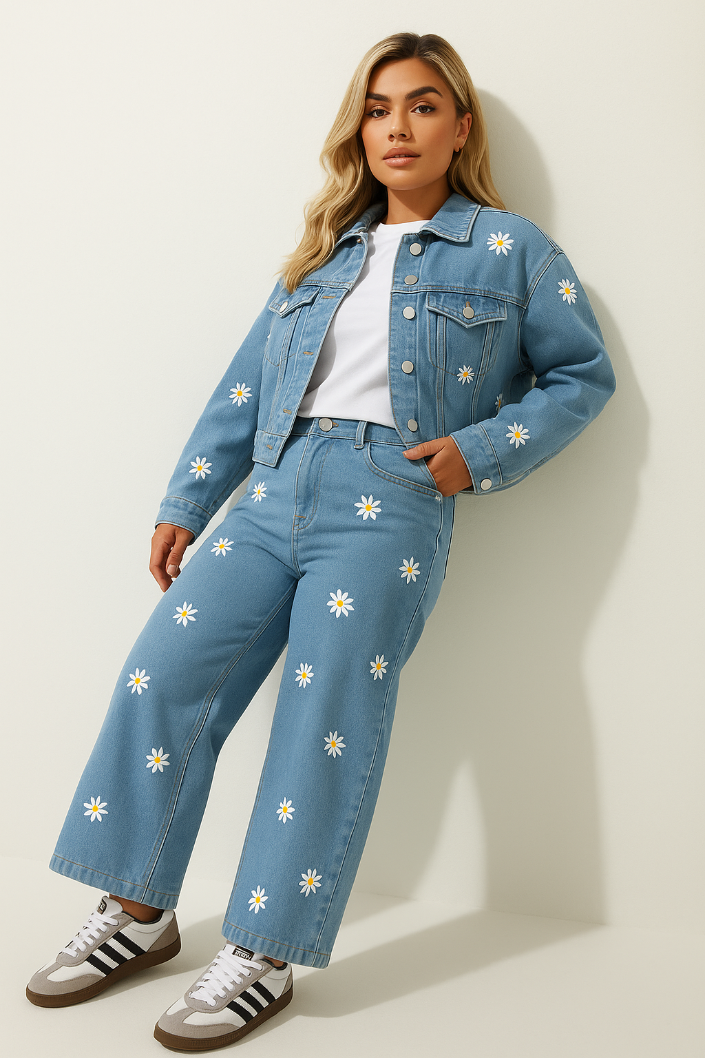 Chic Wide Leg Jeans with Delicate Daisy Embroidery