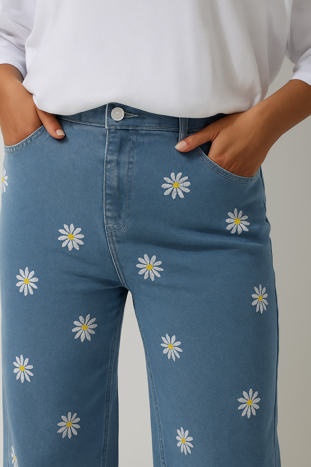 Chic Wide Leg Jeans with Delicate Daisy Embroidery