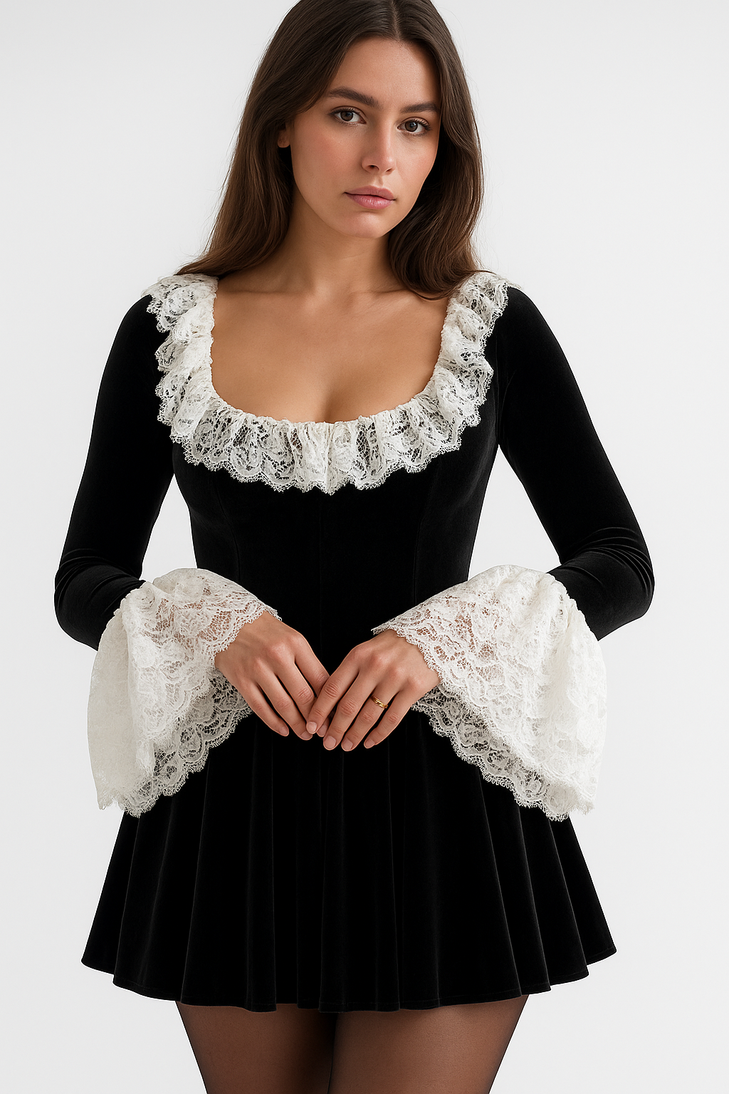 Black Lace Mini Dress Square Neck & Flare Sleeves