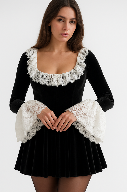 Black Lace Mini Dress Square Neck & Flare Sleeves