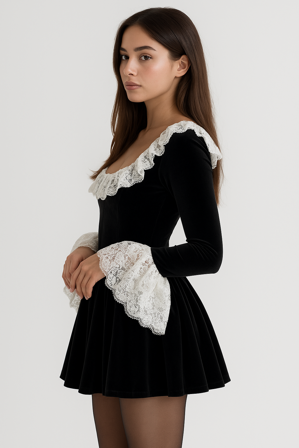 Black Lace Mini Dress Square Neck & Flare Sleeves