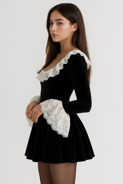 Black Lace Mini Dress Square Neck & Flare Sleeves