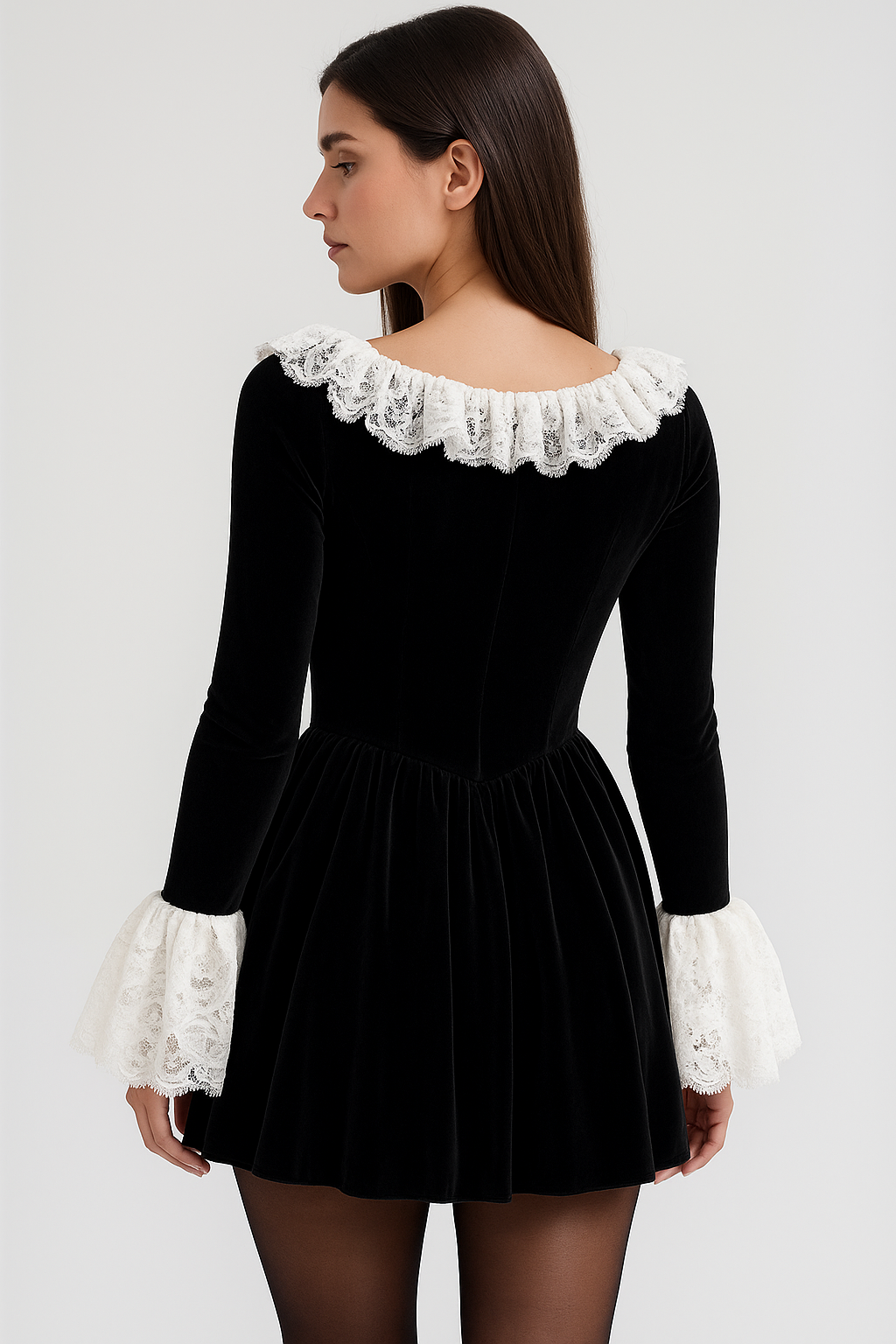 Black Lace Mini Dress Square Neck & Flare Sleeves