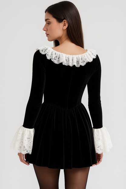 Black Lace Mini Dress Square Neck & Flare Sleeves