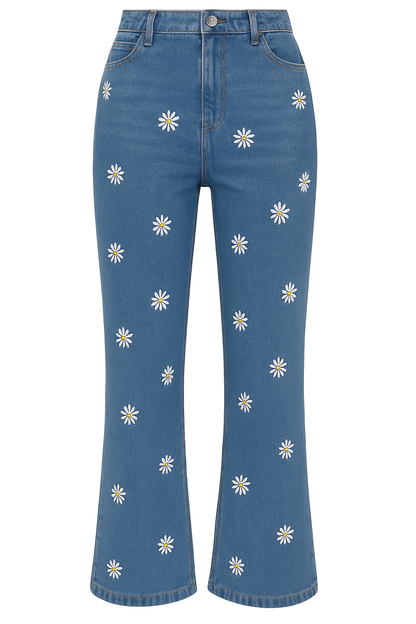 Chic Wide Leg Jeans with Delicate Daisy Embroidery